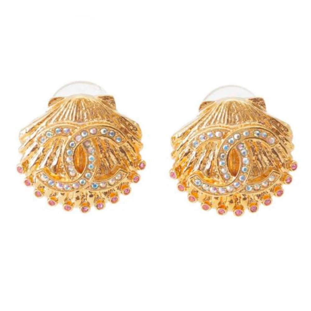 CHANEL Crystal CC Shell Earrings Gold / Like New